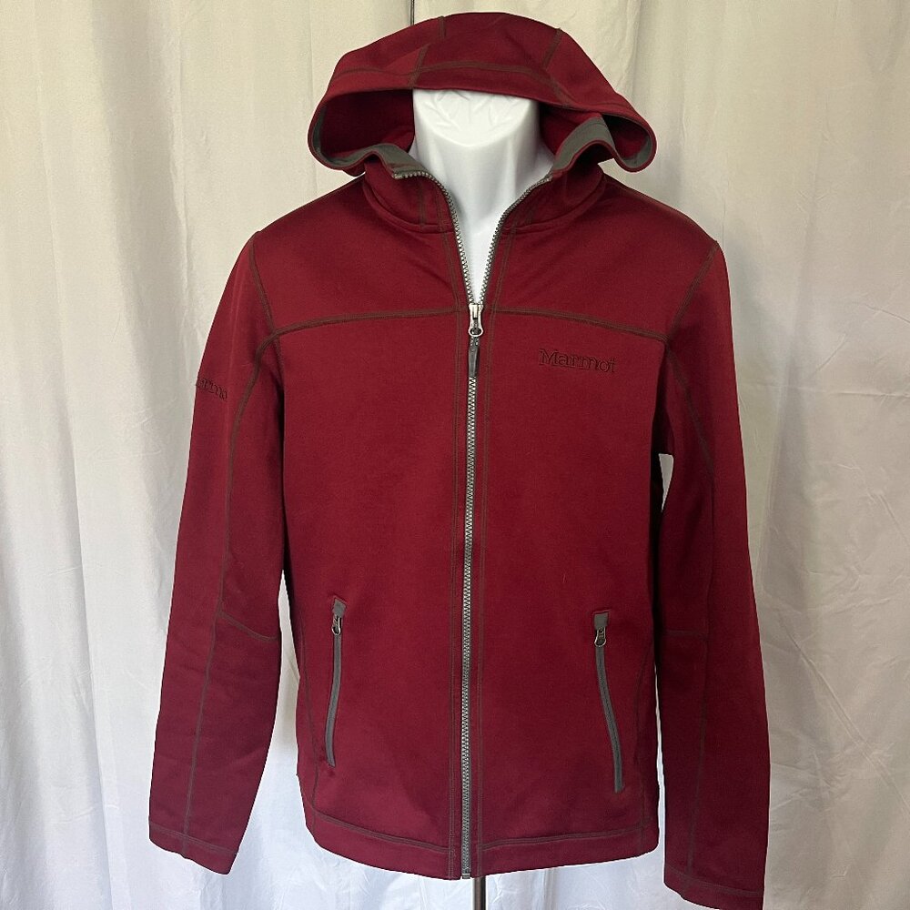 🏔️ Marmot Mens Burgundy Red Hooded Full Zip Jacket Small S Outdoor Coat EUC 🏔️